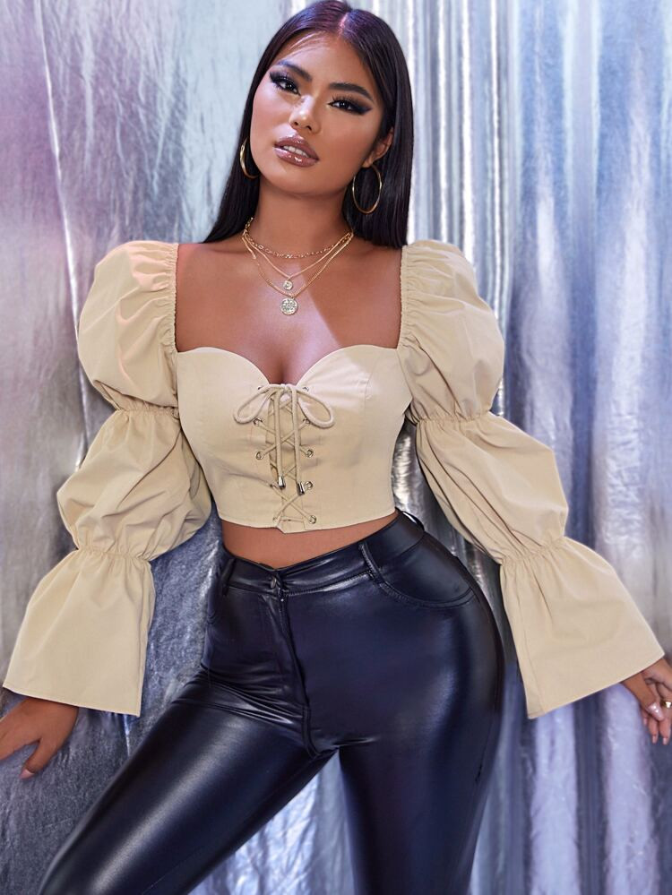 Sweetheart Gathered Sleeve Lace Up Crop Top | SHEIN