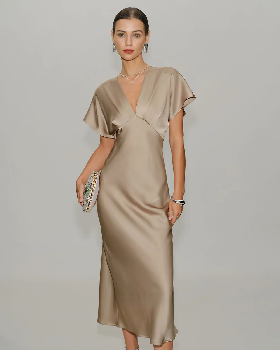 Apricot Satin V Neck A-Line Midi Dress | rihoas.com