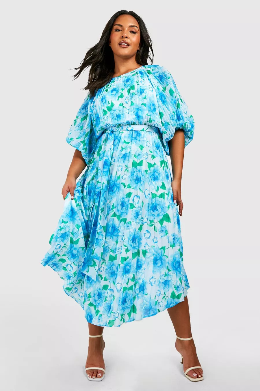 Plus Floral Pleated Puff Sleeve Midi Dress | Boohoo.com (US & CA)