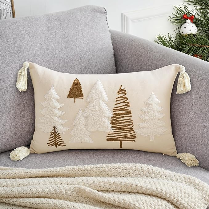 TAJWE Christmas Pillow Cover 12x20 Inch Soft Cute Pellet Embroidery Trees Decorative Pillowcase w... | Amazon (US)