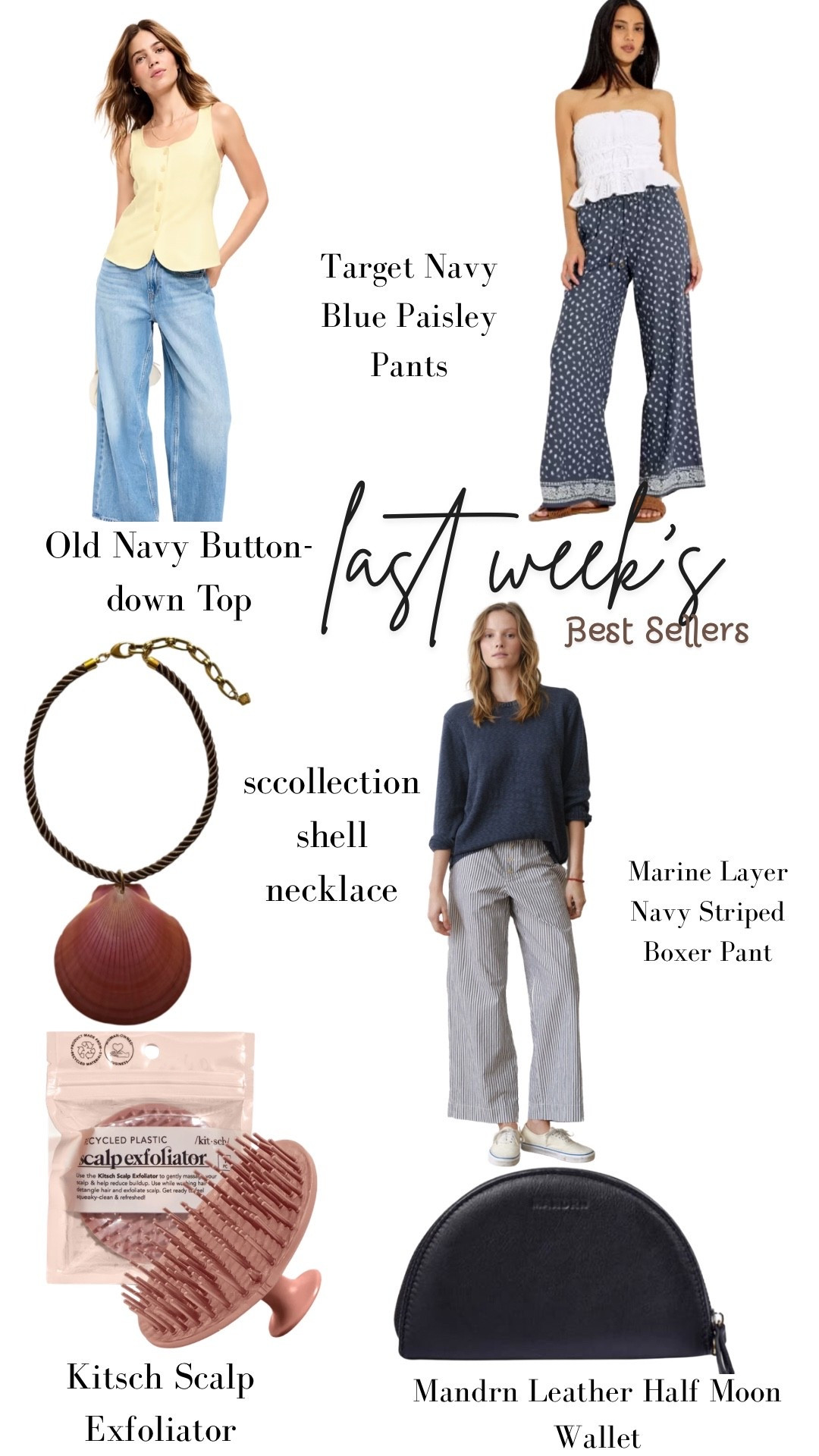 Top Best Sellers OTW

Mandrn Black Leather Halfmoon Wallet, Marine Layer Navy Stripe Boxer Pant, sccollection shell necklace, Target navy blue paisley pants, yellow sleeveless button-down top

#LTKSeasonal #LTKWorkwear #LTKTravel