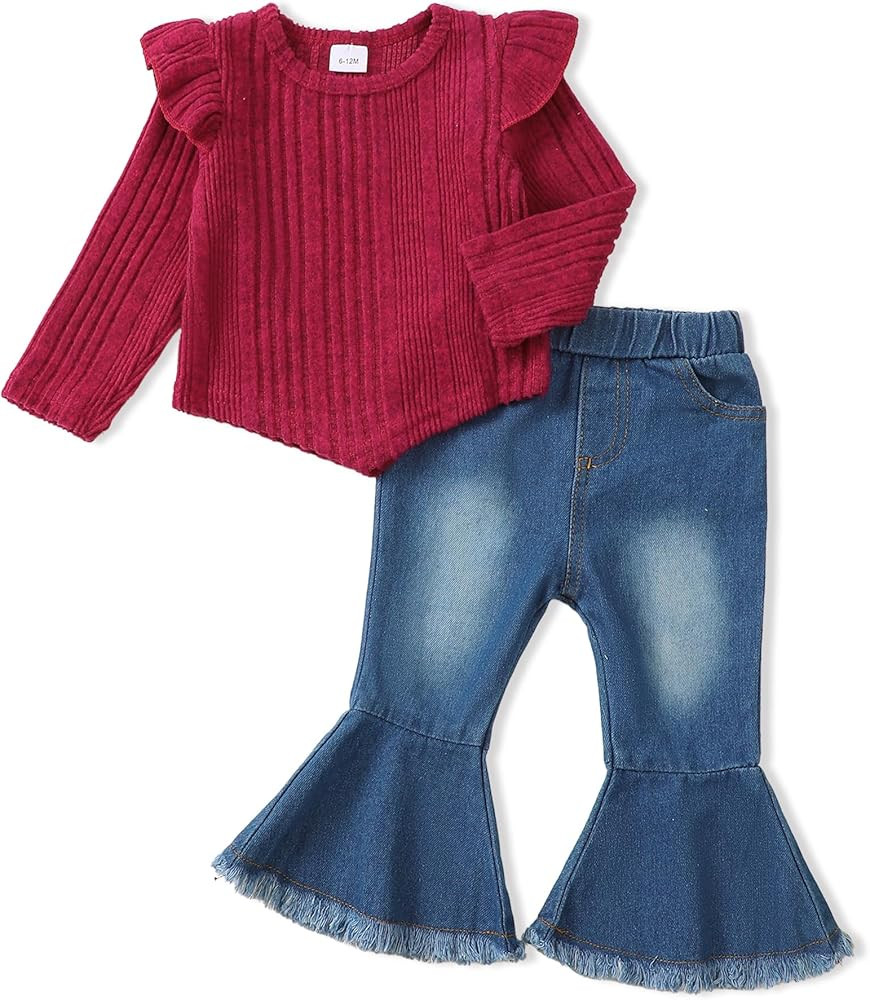 SUNNY PIGGY Baby Girl Newborn Clothes Infant Toddler Outfits Flare Jeans Overall Pant Set Fall Wi... | Amazon (US)