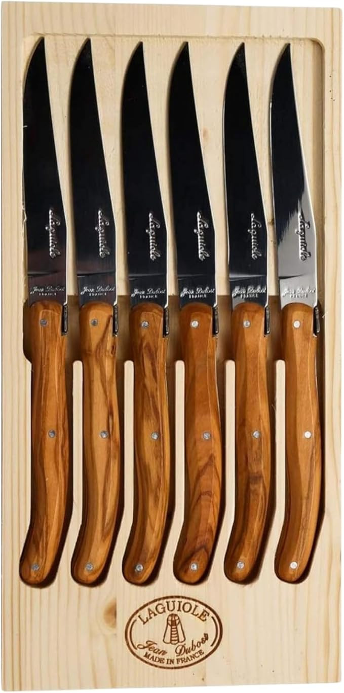 Jean Dubost Laguiole 6-Piece Steak Knife Set, Olive Wood Handles - 1.5 mm Blades - Rust-Resistant... | Amazon (US)