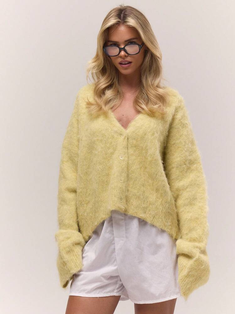 MUSERA Fuzzy Knit Loose Relaxed V Neck Button Down Cardigan Fall Autumn Old Money Cute Country Cottage Core Back To School Casual For Women Butter Yellow Butterscotch Winter Chic Spring Sweater | SHEIN
