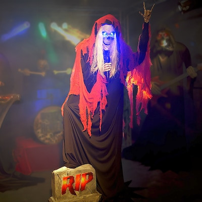 Haunted Living 7-ft Freestanding Motion Activated Musical Lighted Reaper Band Singer Animatronic | Lowe's