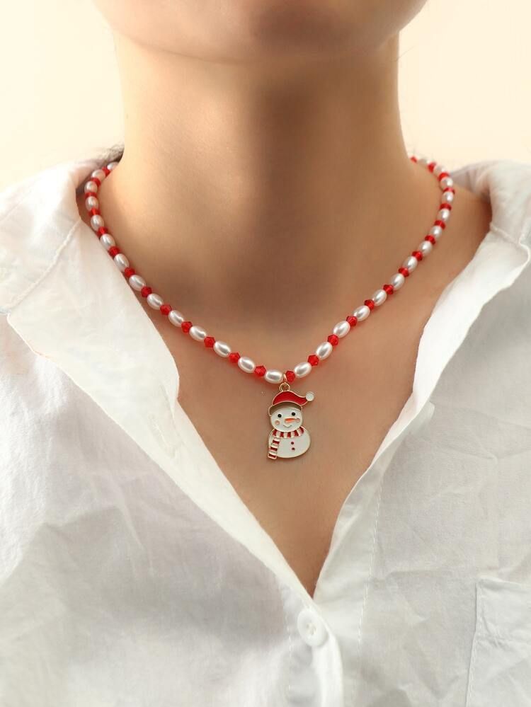 Christmas Snowman Charm Faux Pearl Decor Beaded Necklace | SHEIN