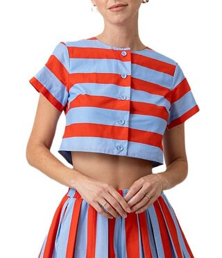 Line And Dot Primo Stripe Print Round Neck Short Sleeve Button Front Coordinating Poplin Top | Di... | Dillard's
