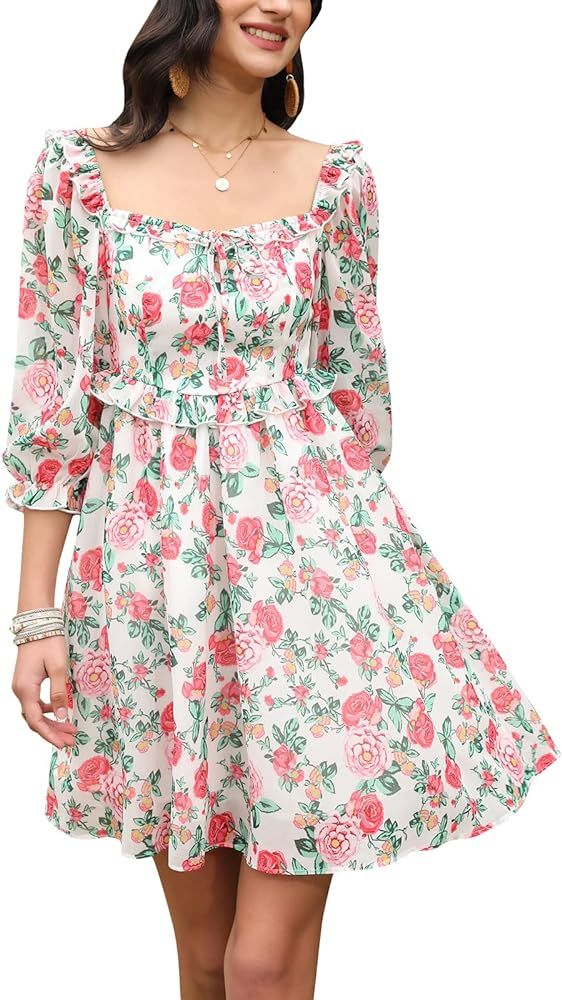 EXLURA Women’s Off Shoulder Tie Back Drawstring Ditsy Floral Dress Puff Sleeve Sundress Square Neck  | Amazon (US)