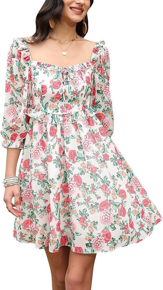 EXLURA Women’s Off Shoulder Tie Back Drawstring Ditsy Floral Dress Puff Sleeve Sundress Square Neck  | Amazon (US)