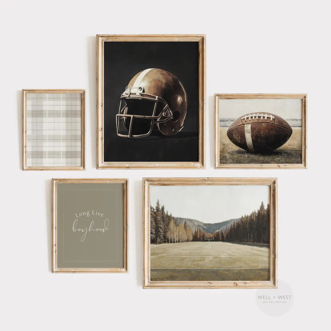 Football Art Set of Five | Vintage Style Football Paintings | Sage Green Nursery Art | Boys Room ... | Etsy (US)