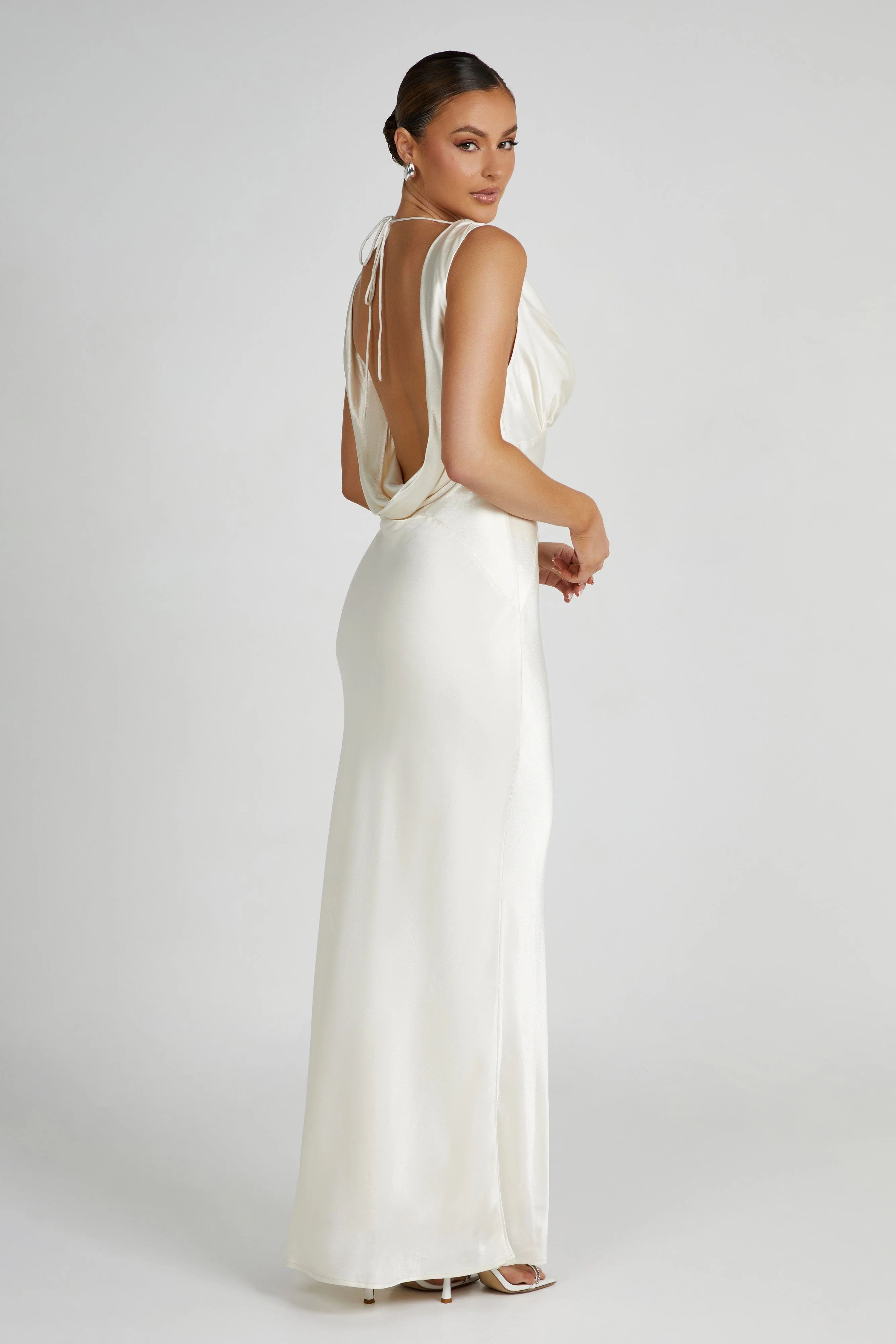 Angelique Satin Cowl Back Maxi Dress - Ivory | MESHKI US