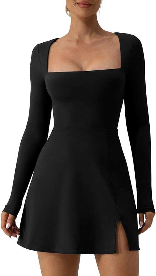 QINSEN Womens Square Neck Bodice Dress Long Sleeve Side Slit Flare Mini Dresses | Amazon (US)