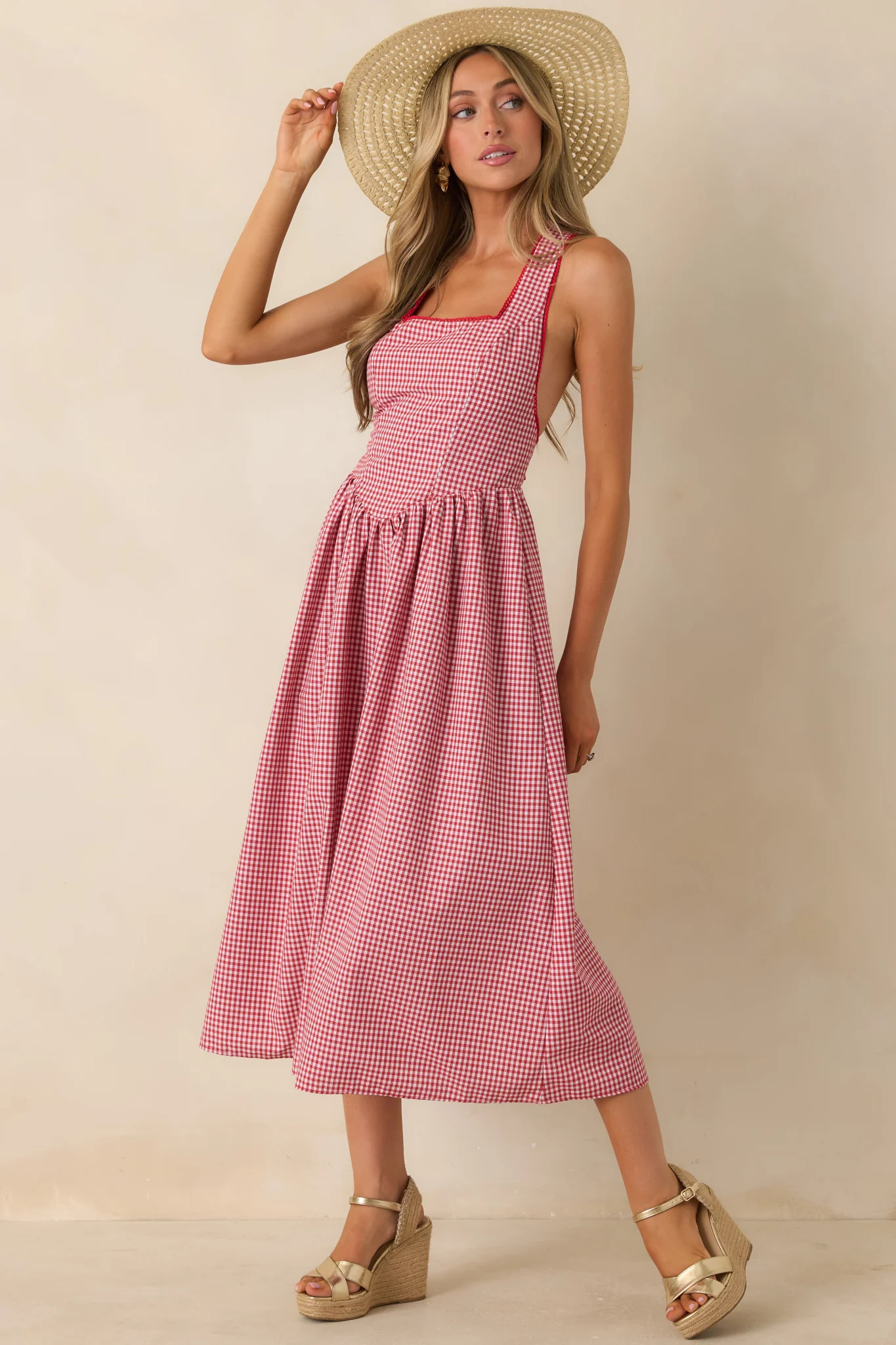 Just Because I Can Red Gingham Open Back Tie Maxi Dress | Red Dress