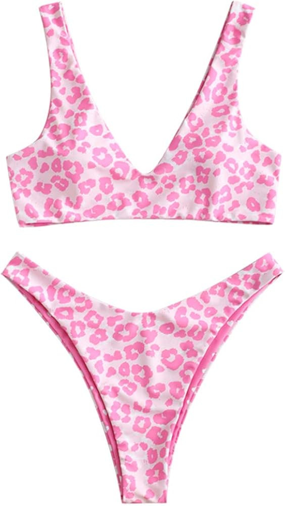 ZAFUL Women's Scoop Neck Padded Printed High Cut Bikini Set Two Piece Swimsuit | Amazon (US)