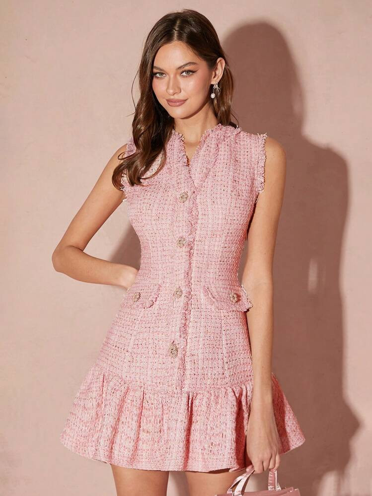 Enchnt Spring/Winter Romantic Women's Pink Sweetheart Cute V-Neck Ruffle Hem Sleeveless Princess Couture Fancy Yarn Tweed Dress, Exquisite Faux Pearl Button Decor, Sweet&Elegant Outfit For Valentine's Day&Christmas Party&New Years&Birthday&Holiday &Sweet Date Night, Dress,Pastel Dresses For Women | SHEIN