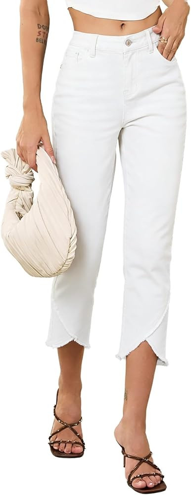 Sidefeel Women's Jeans High Waisted Stretchy Cropped Skinny Jeans Trendy Cross Raw Hem Summer Capri Pants with Pockets | Amazon (US)