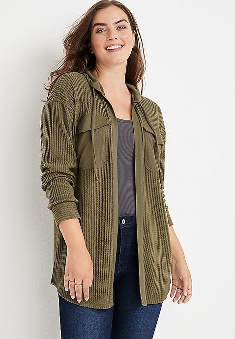 Solid Hooded Waffle Cardigan | Maurices