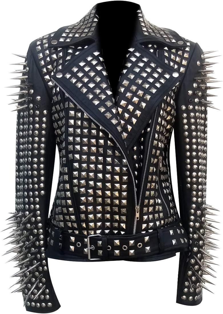 LP-FACON Womens Studded Rock Punk Spikes Motorcycle Metallic Brando Biker Leather Jacket | Amazon (US)