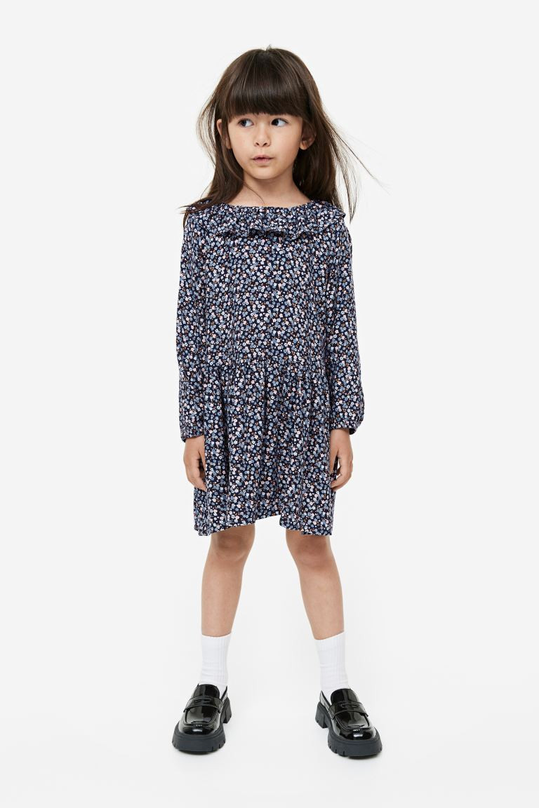 Flounce-trimmed Dress - Dark blue/small flowers - Kids | H&M US | H&M (US + CA)