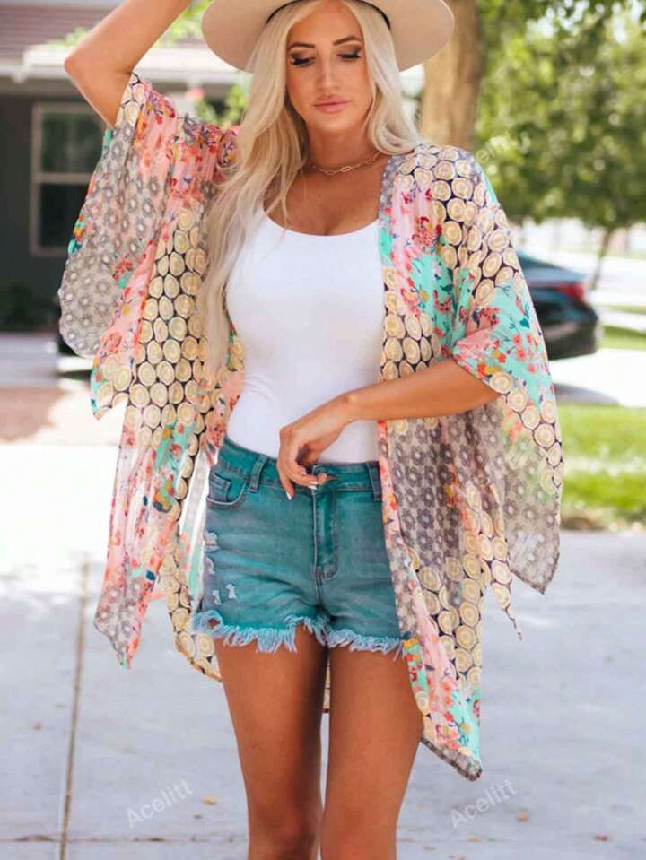 Acelitt Summer Women's Bohemian Style Polka Dot Printed Bat Sleeves, Loose Casual Kimono Cover, Travel Beach Vacation | SHEIN