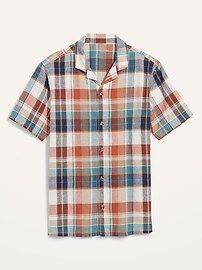 Matching Plaid Linen-Blend Short-Sleeve Camp Shirt for Men | Old Navy (US)