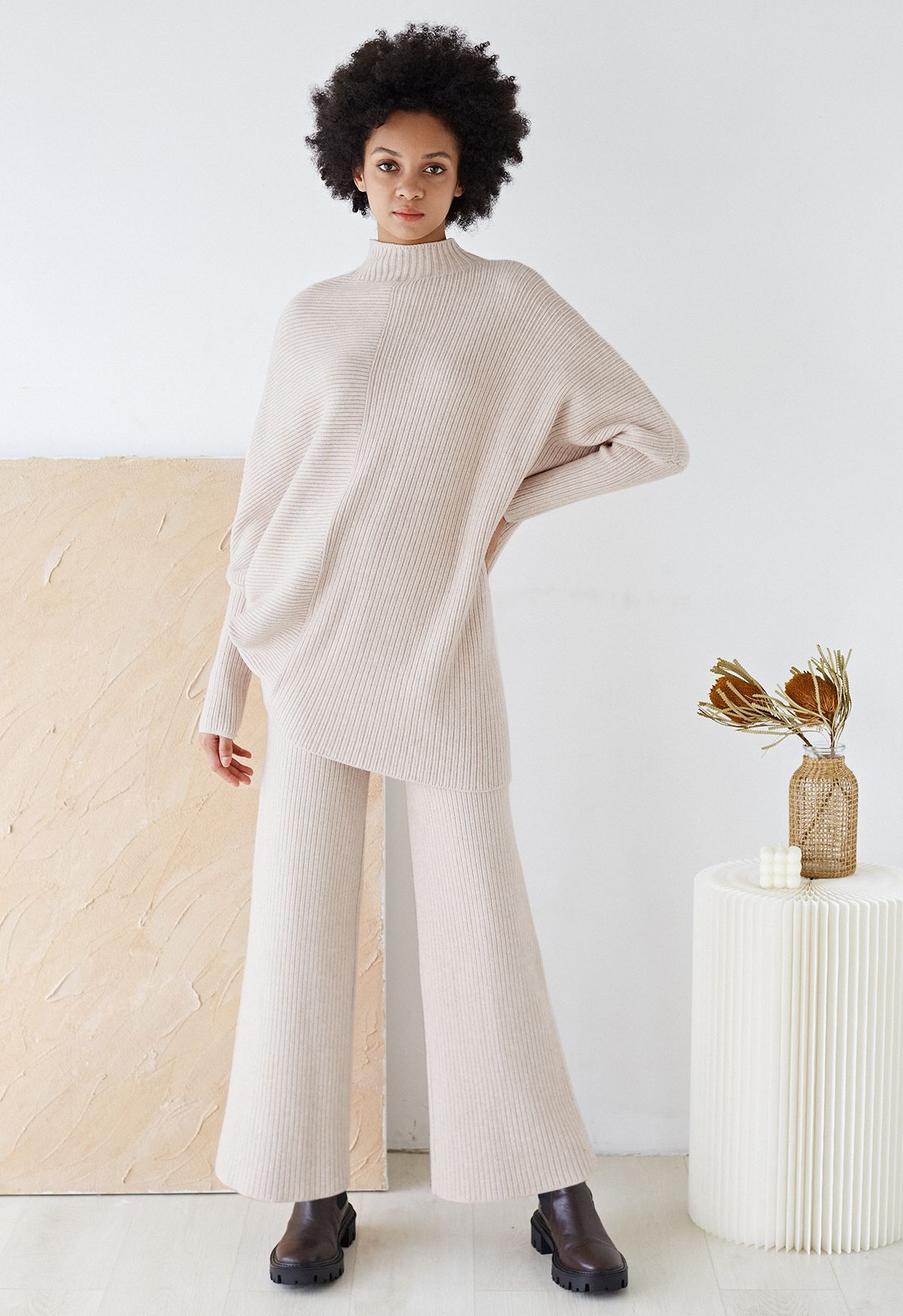 Asymmetric Batwing Sleeve Sweater and Pants Knit Set in Light Tan | Chicwish