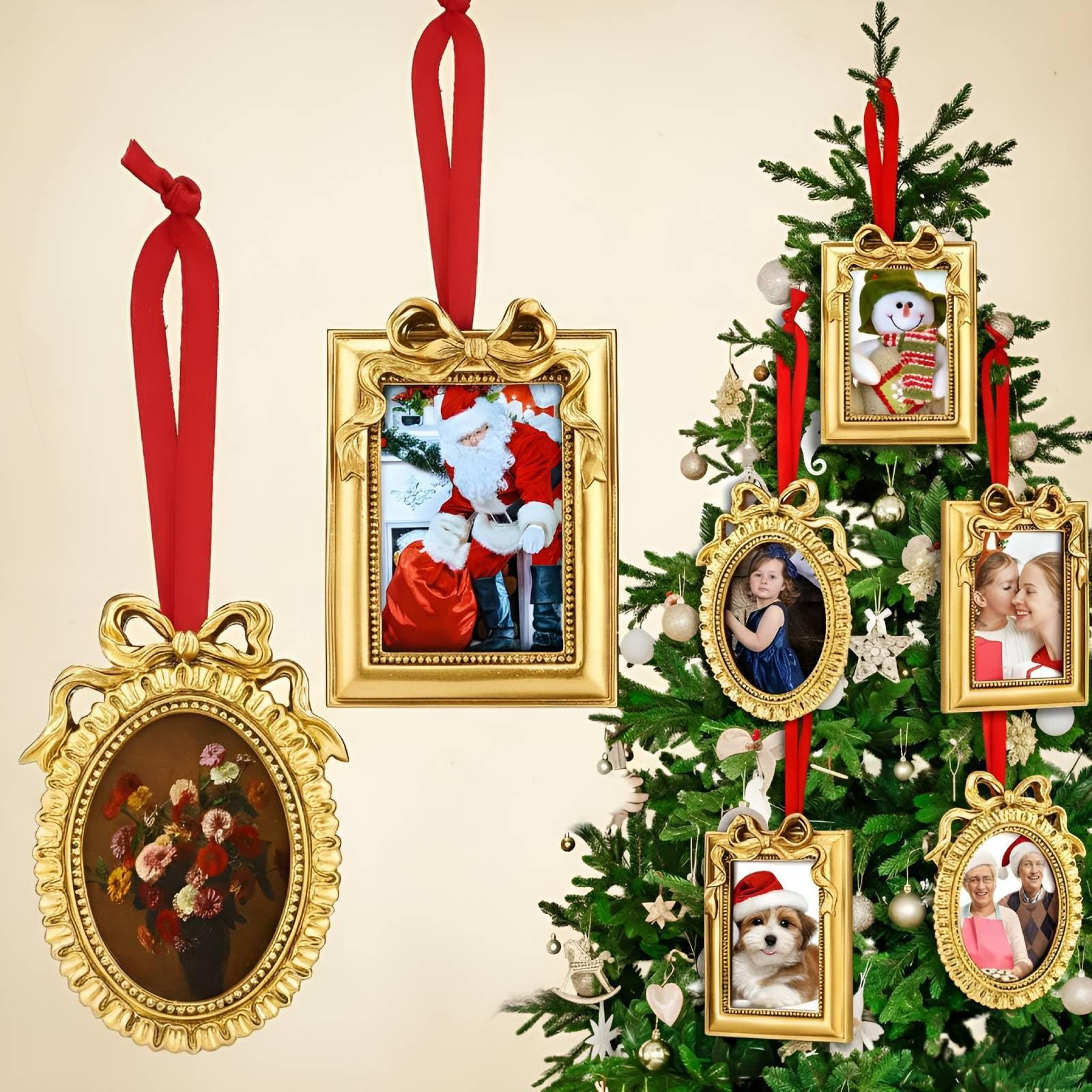 Leinuosen 8 Pcs Mini Vintage Picture Frames Hanging Ornaments for Christmas Tree, Gold Bow Pictur... | Amazon (US)