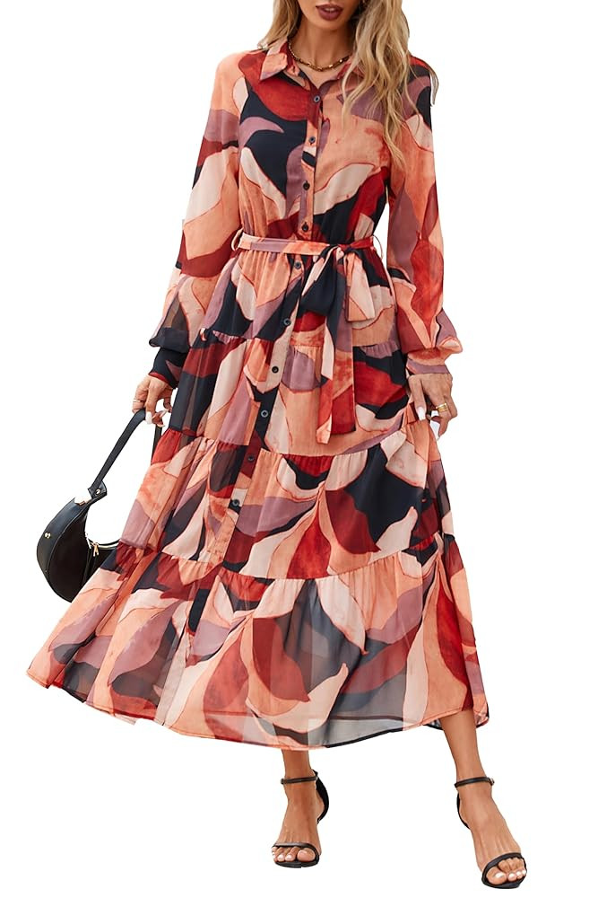 PRETTYGARDEN Women's Fall Dress 2025 Casual Long Sleeve Button Down Belted Boho Floral Flowy Maxi... | Amazon (US)