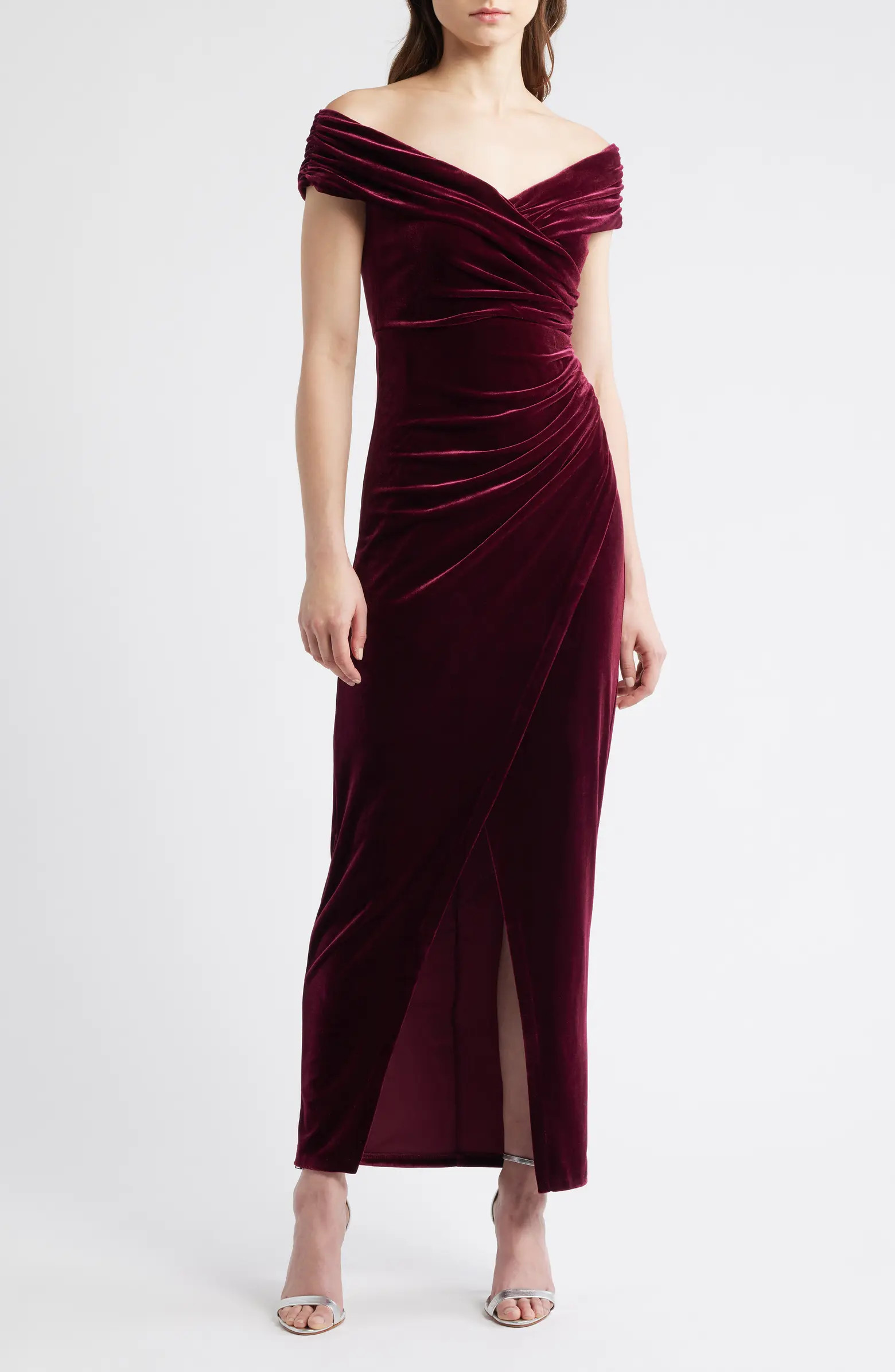 Off the Shoulder Velvet Ruched Sheath Gown | Nordstrom