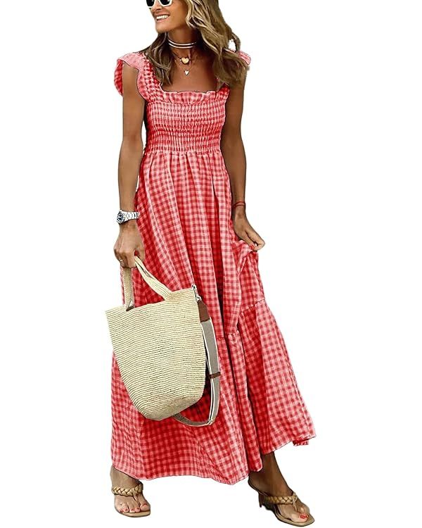 chouyatou Women's Retro Plaid Smocked Dress Spaghetti Strap Flounce Long Dress | Amazon (US)