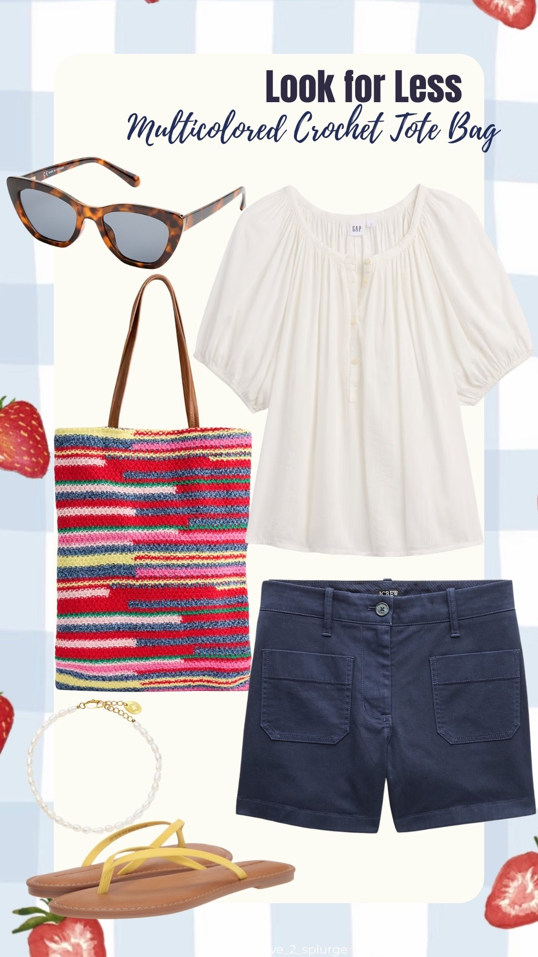 If you like the look, but not the price, here’s this week’s look for less.

Navy Chino Short: J.Crew
Rainbow Stripe Crochet Tote Bag: GAP
Off White Puff Sleeved Top: GAP Factory
Yellow Thong Sandal & Pearl Bracelet: Amazon
Tortoise Rectangular Cat Eye Sunglasses: J.Crew Factory

#LTKSeasonal #LTKActive #LTKOver40