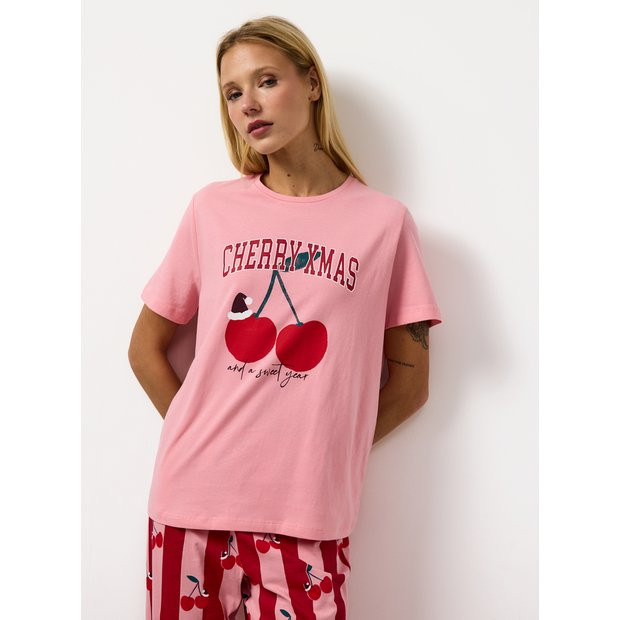 Pink Cherry Xmas Slogan Printed Jersey Pyjamas XL | Tu Clothing