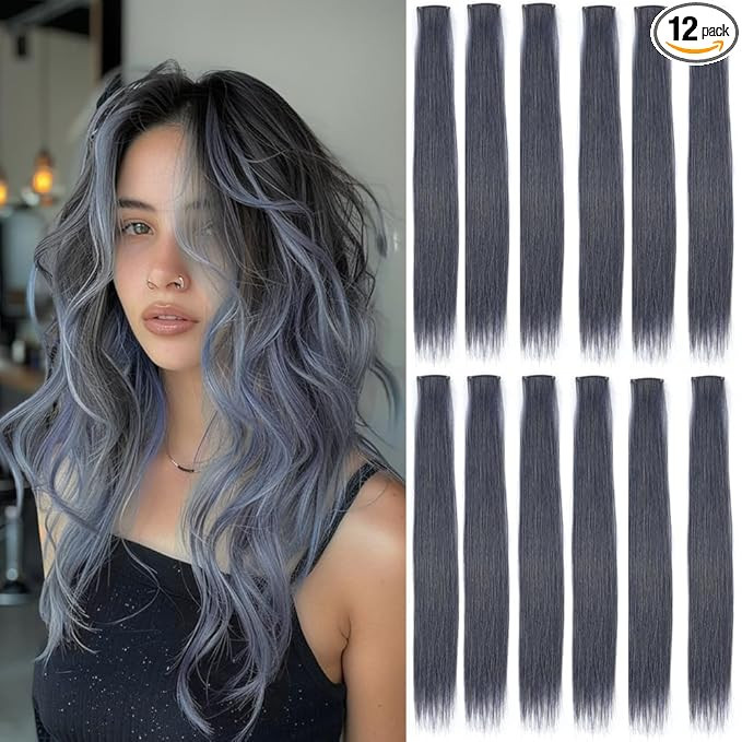 12 Pcs Ash Blue hair extensions 22 Inch Straight colored hair colorful clip in extensions Highlig... | Amazon (US)