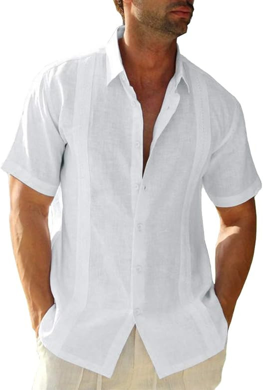 Hestenve Mens Short Sleeve Cuban Camp Guayabera Shirt Linen Cotton Hippie Beach Button Down Shirts | Amazon (US)