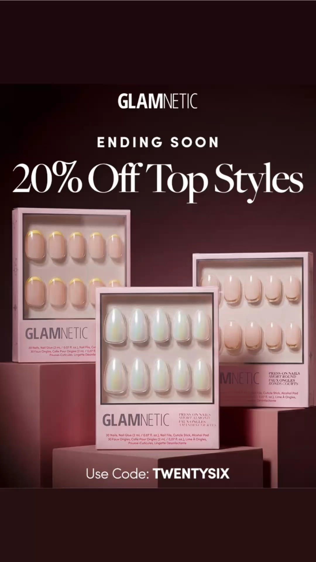 Obsessed with these Glamnetic press-on nails — salon-quality, reusable, and so easy to apply 🙌

Right now, some of their top styles are 20% off, including neutral French tips and glam everyday sets that work for moms, busy days, and special occasions.

✨ No dry time
✨ Long-lasting & comfortable
✨ Perfect for short or almond shapes
✨ Looks like a professional manicure at home

⏰ Ending soon! Use code TWENTYSIX to save 20% before it’s gone.

Linked my favorite styles here 🤍

#LTKSaleAlert #LTKBeauty #LTKselfcare