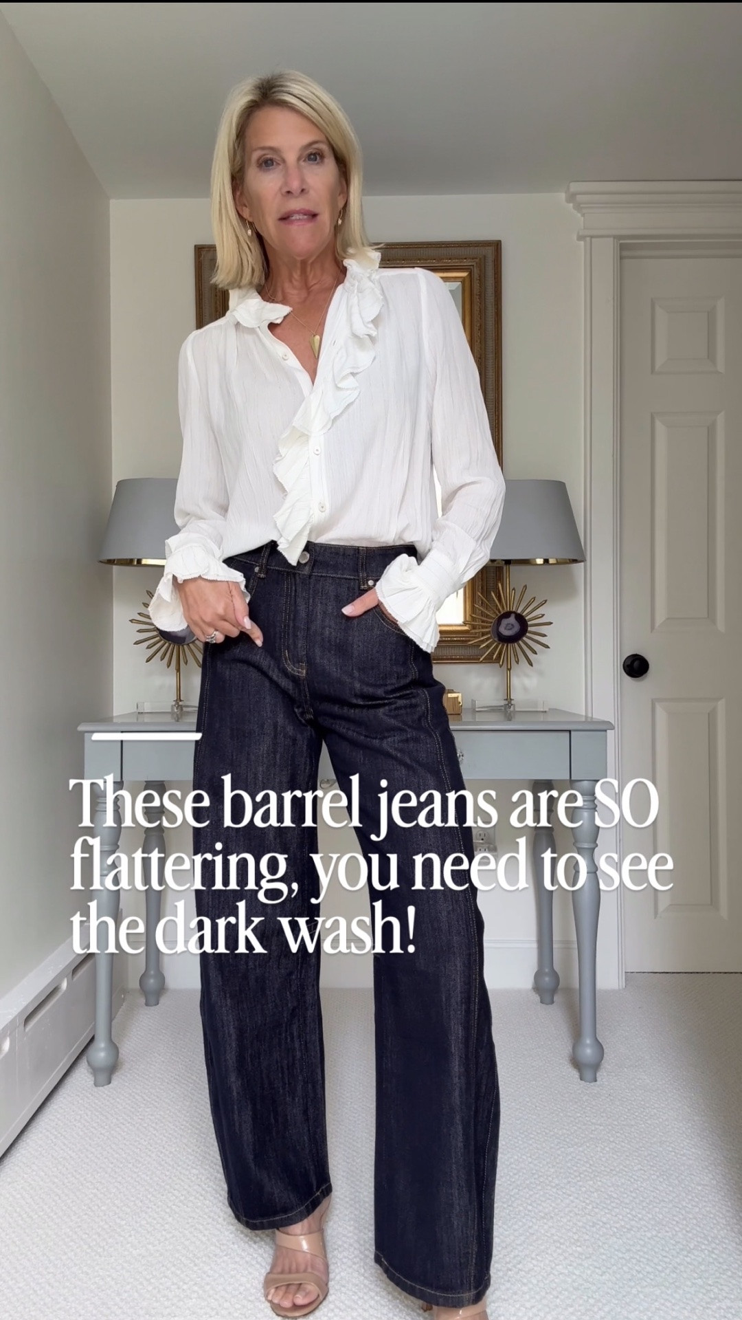 If you’re scared of barrel jeans, I totally get it, but these are AMAZING! The really dark wash is so flattering and perfect for fall and winter, especially paired with this feminine ruffle blouse.

👩‍💻 LTK PRO TIPS
❤️ Heart = Support my posts ;-)
🔖 Save = Get sale & restock alerts for the things you love!
📋 Lists = Keep favorites organized (List ideas: Christmas, Birthdays, and Vacations!)
📲 Share = Send lists and products to a friend (or your daughters like me).
💬 Comment = Ask me anything, and I’ll answer. ;-)

#LTKootd #LTKSeasonal #LTKOver40