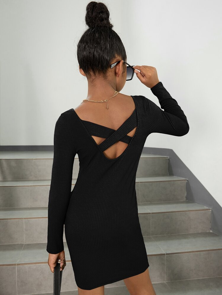 SHEIN Girls Crisscross Back Rib-knit Dress Without Belt | SHEIN