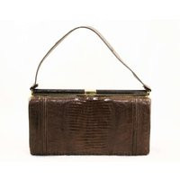 1950S Reptile Purse - Dark Brown Leather Handbag Classic 50S 60S Bag Goldtone Metal Hardware Top Handle Near Mint 38906 | Etsy (US)