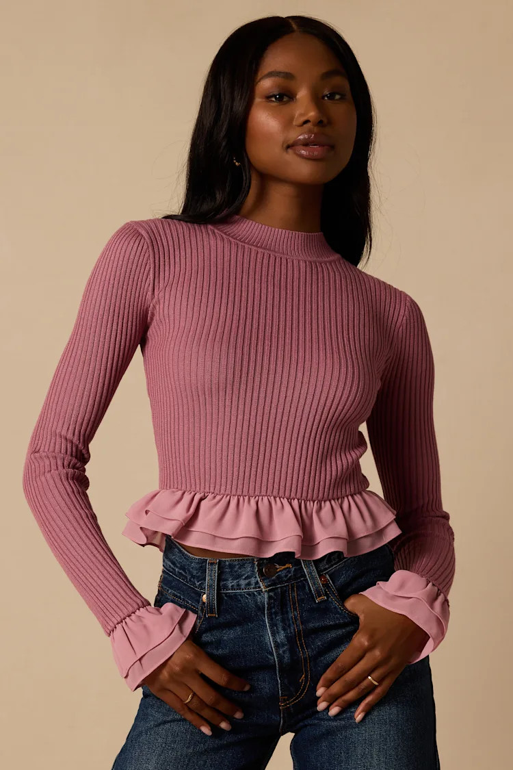 Avila Rose Pink Ribbed Knit Ruffled Sweater Top | Lulus
