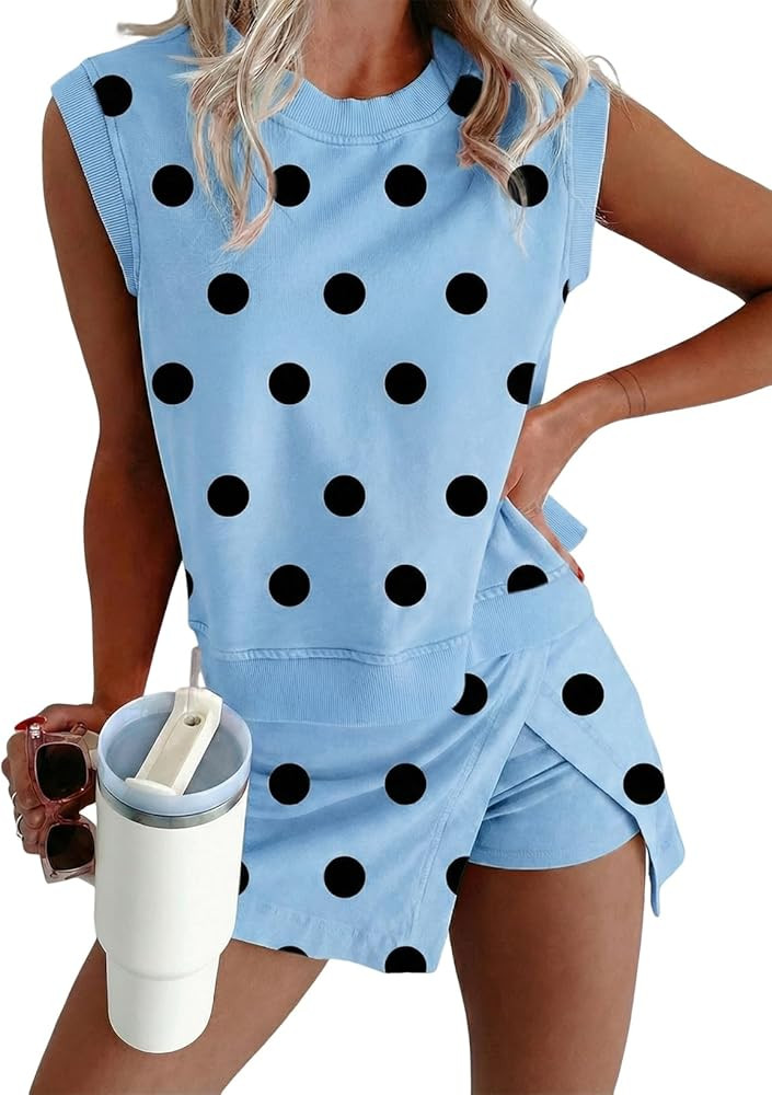 KevaMolly Womens Lounge Sets Ribbed Trim Polka Dot Print Tank Split Mini Skort 2pcs Set Sleeveles... | Amazon (US)