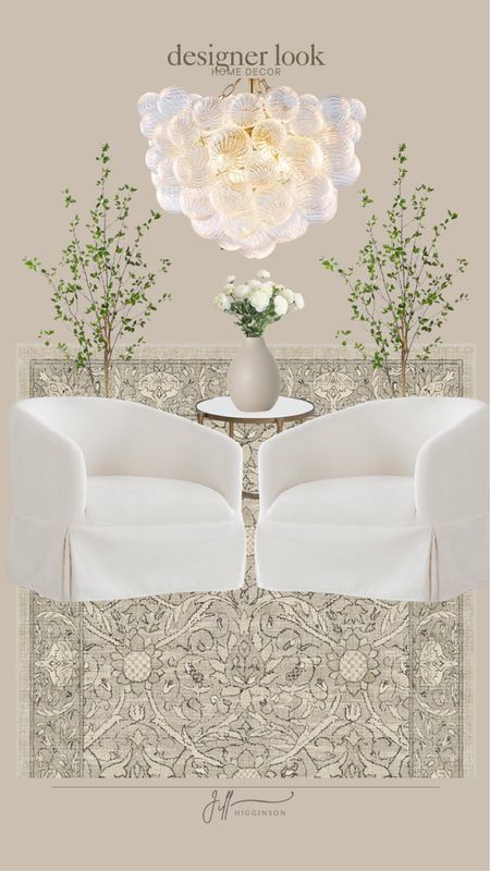 Designer look home decor! 

Chairs, seating area, tree, plant, rug, light fixture, vase, flowers 

#LTKSaleAlert #LTKFindsUnder100 #LTKHome