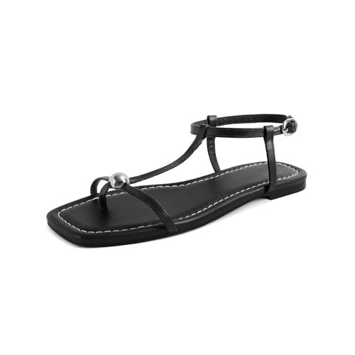 SOVANYOU Black Women's Flat Strappy Sandals Comfortable Square Open Toe Sandals Thong Flip Flop Slides Sandal Dressy Summer Beach Sandal With Ankle Strap | Amazon (US)