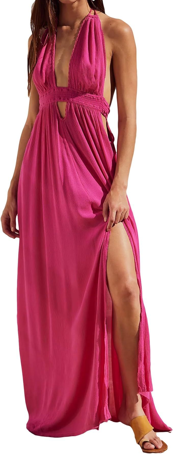 Women's Summer Sexy Dress Deep V Neck Sleeveless Adjustable Rope Halter Maxi Beach Dress | Amazon (US)