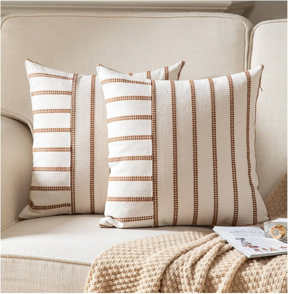 Boho Throw Pillow Covers 18x18 Set of 2 Soft Farmhouse Decorative Couch Pillow Cases Brown Stripe... | Amazon (US)