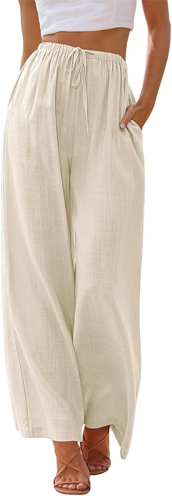 NIMIN Pantalones fluidos de lino de verano para mujer, con cordón elástico, cintura elástica, ... | Amazon (US)