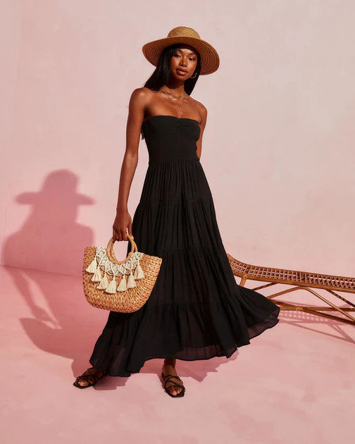 Rosalina Strapless Smocked Tiered Maxi Dress - Black | VICI