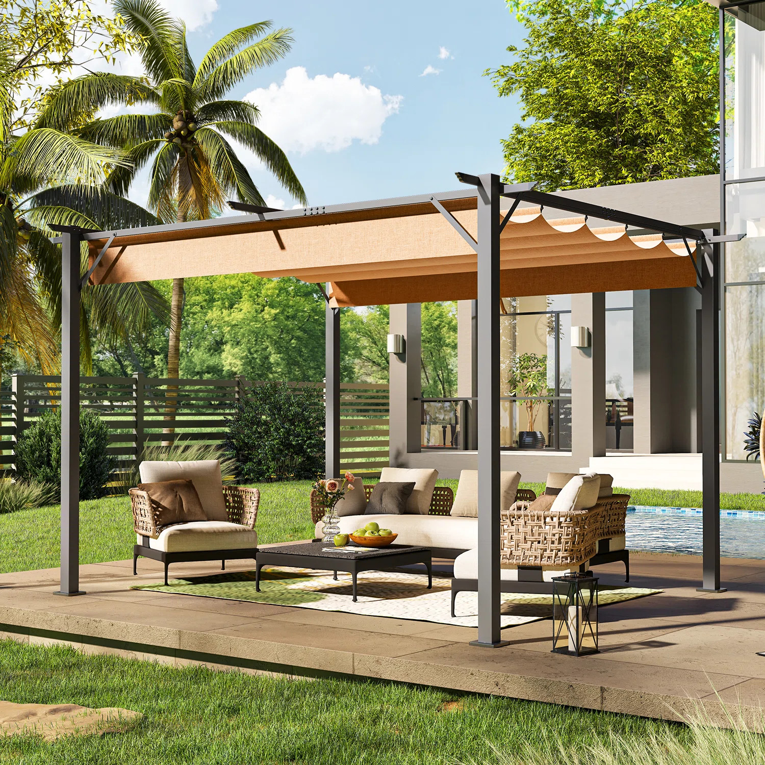 12 ft. W x 10 ft. D Outdoor Metal Pergola with Retractable Canopy and Anchoring Stand | Wayfair North America