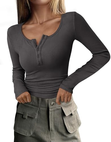PRETTYGARDEN Women's 2025 Summer Fall Long Sleeve Henley T Shirts Button Ribbed Knit Slim Fit Cas... | Amazon (US)