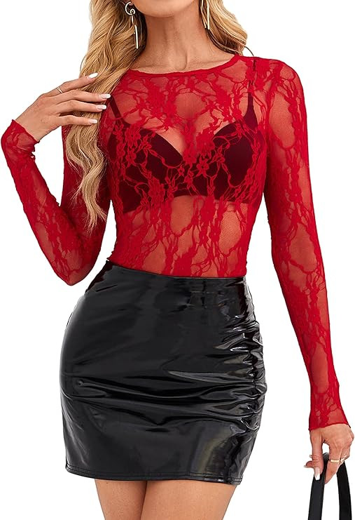 OFEEFAN Womens Mesh Tops Lace Long Sleeve Shirts Crewneck Slim Fitted Outfits See Through Blouses | Amazon (US)