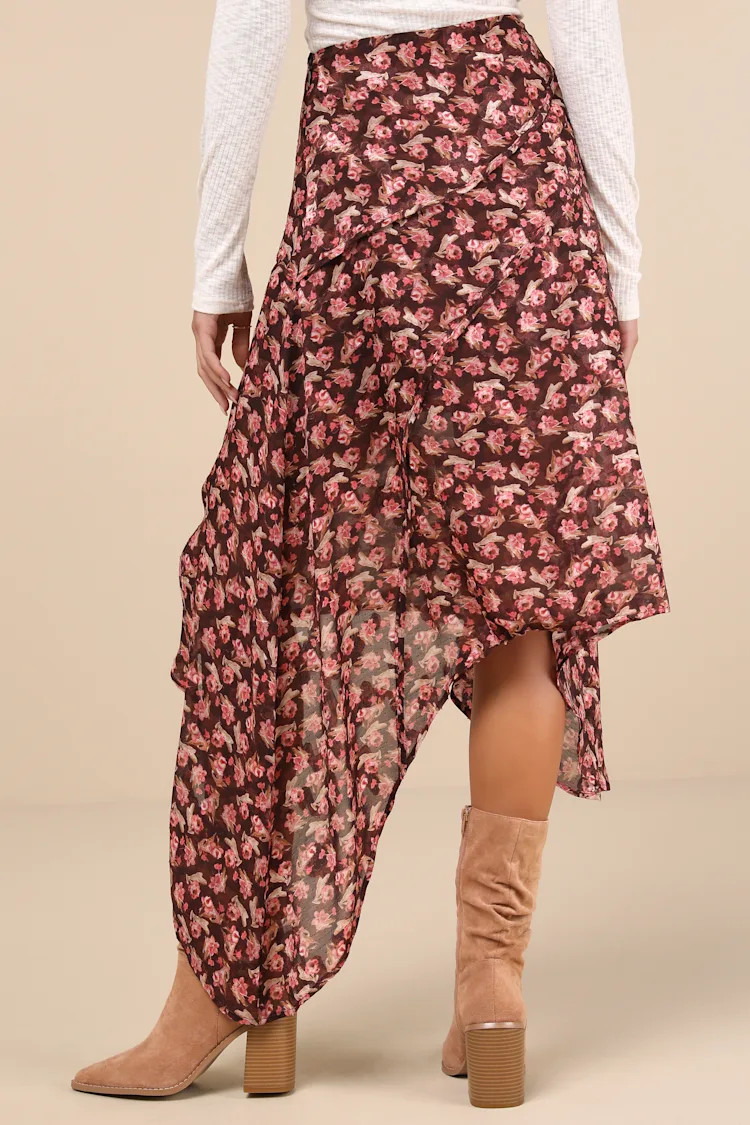 Elevated Exception Brown Floral Asymmetrical Midi Skirt | Lulus